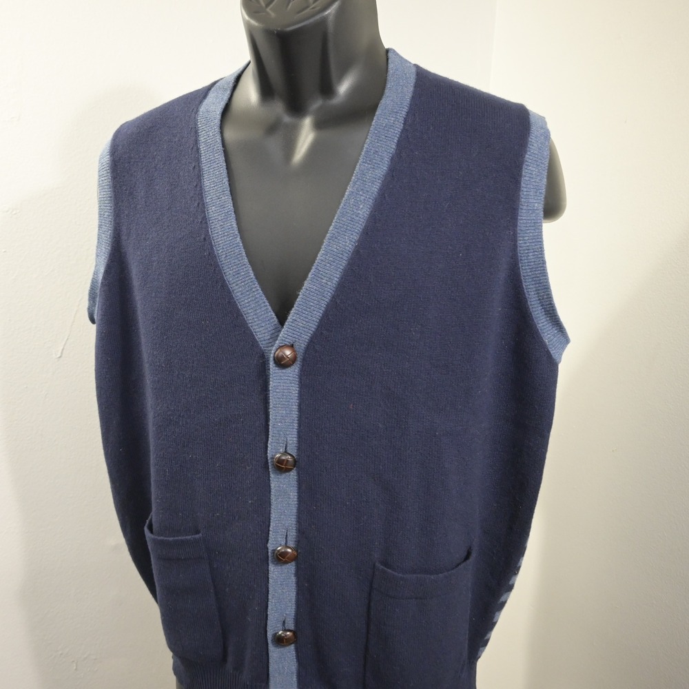 Brooks Brothers Cardigan Sweater Vest Mens L Blue Striped Lambs Wool